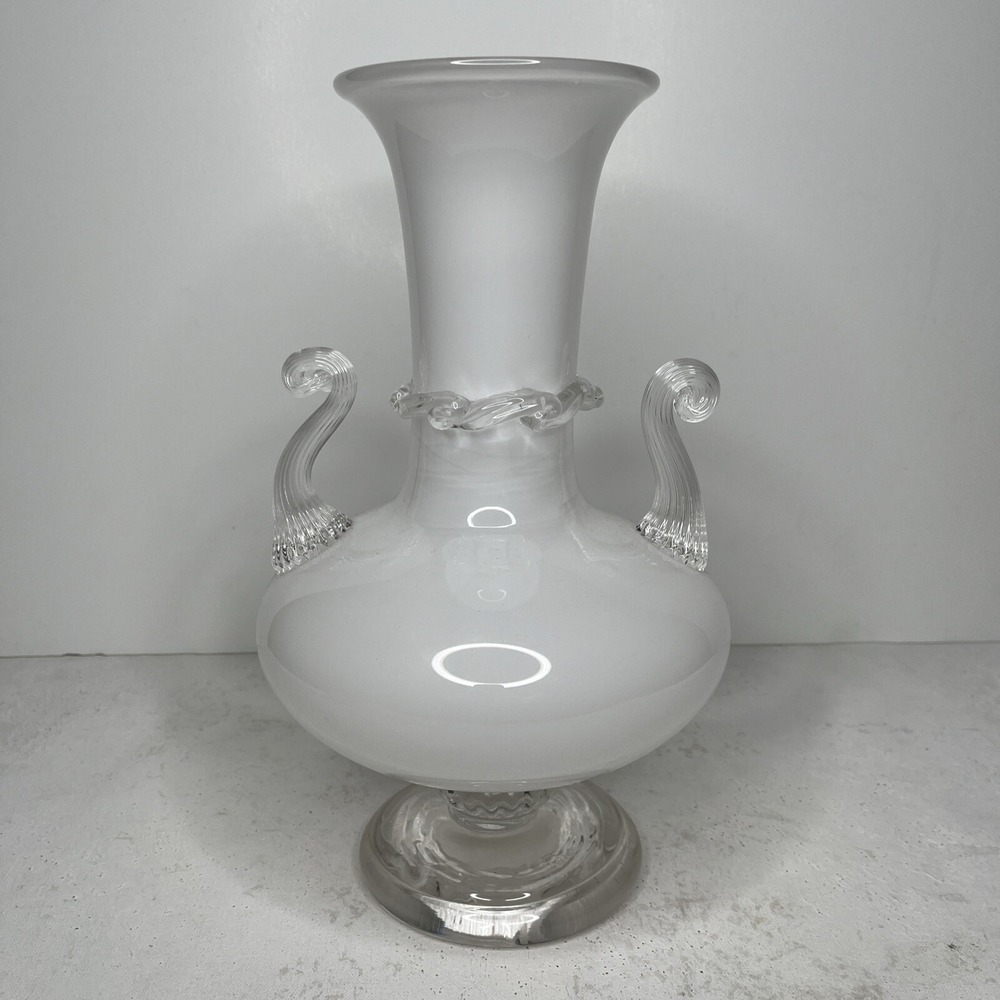 VTG Mid Century Modern White & Clear Art Glass Vase 12" High Double Handle